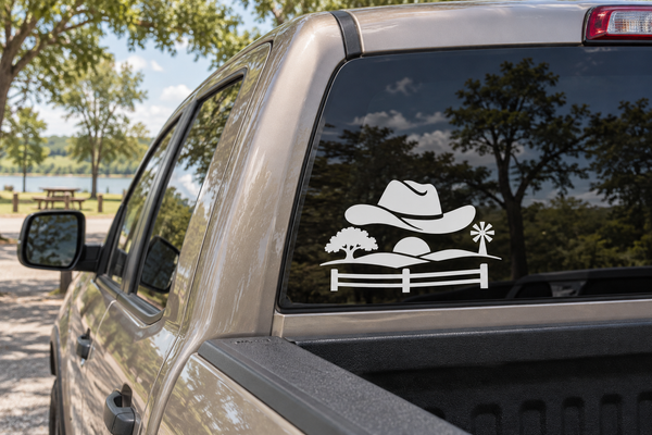 Texas cowboy hat horizon vinyl decal on car window: cowboy hat, trees, fence, sun