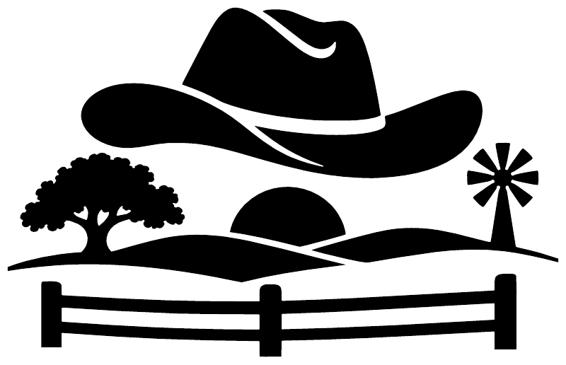 Texas cowboy hat horizon vinyl decal graphic: black cowboy hat, landscape, fence, sunburst