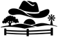Texas cowboy hat horizon vinyl decal graphic: black cowboy hat, landscape, fence, sunburst