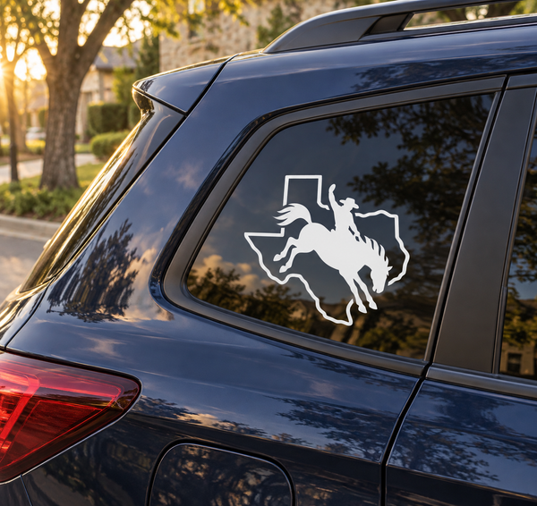Texas bucking horse vinyl decal with white outline on car rear window