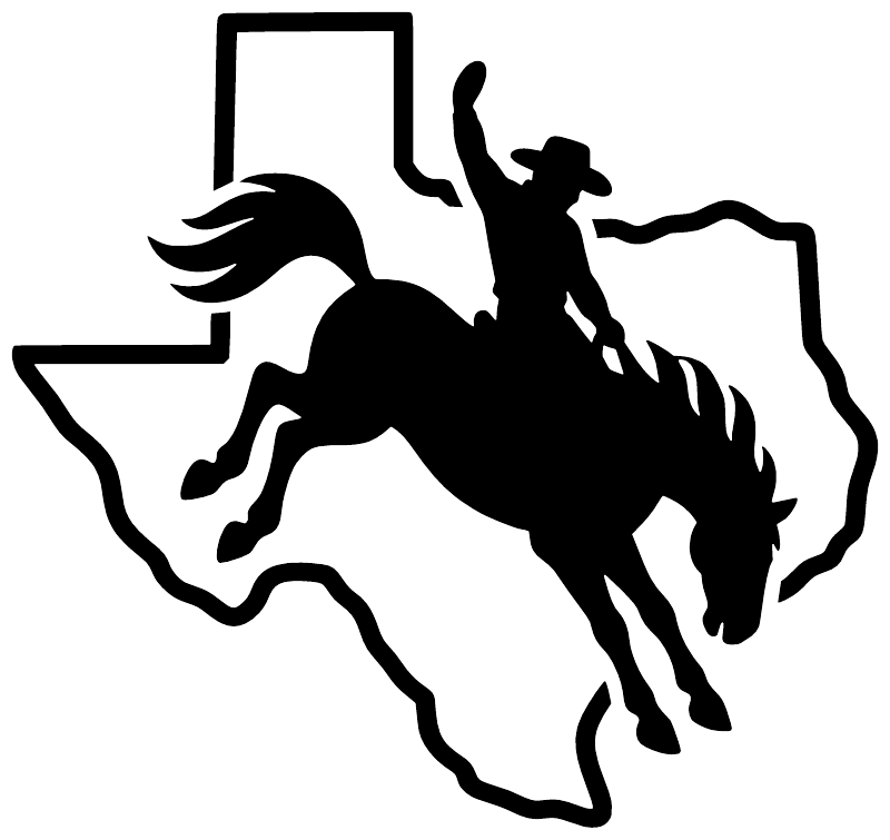 Texas bucking horse vinyl decal with black rider, horse, and Texas outline