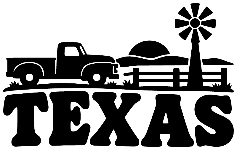 Black Texas ranch pickup vinyl decal silhouette with large TEXAS lettering and windmill