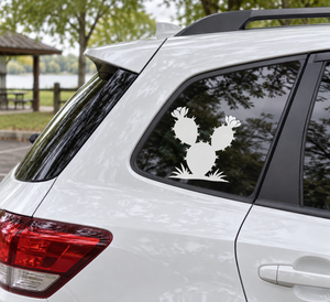 Texas prickly pear vinyl decal of three cacti with flowers on car window
