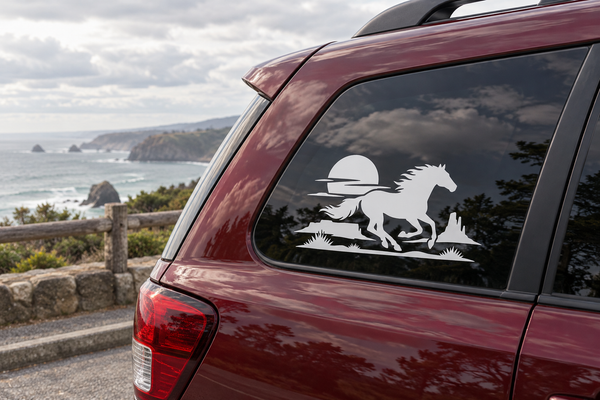 Texas Sunset Gallop vinyl decal of black horse and rider silhouette on car window