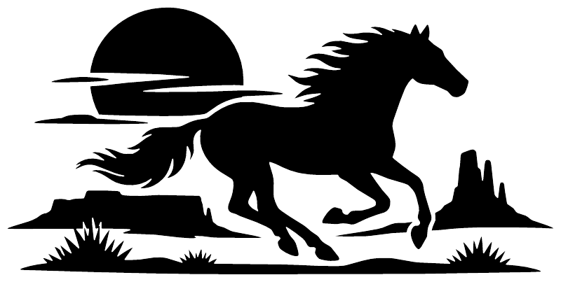 Texas Sunset Gallop vinyl decal graphic: black horse galloping with cowboy silhouette
