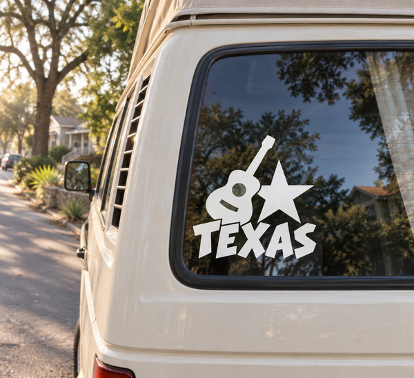 White vinyl guitar star decal with TEXAS lettering for car windows