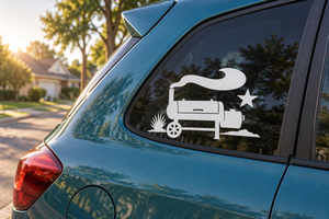 Texas barbecue smoker vinyl decal: white smoker, star, and smoke on car window.