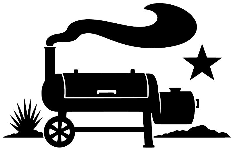 Black barbecue smoker vinyl decal silhouette with flame smoke and star details.
