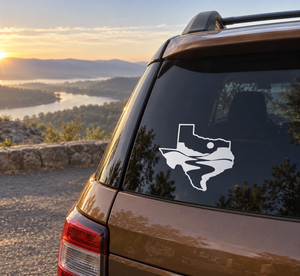 Texas river vinyl decal on car windshield, small white Texas outline with black river waves.