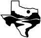 Texas river vinyl decal: white Texas silhouette with black river waves and dot.