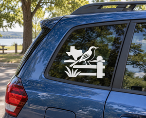 Texas mockingbird fence vinyl decal on car window, black bird and fence silhouette