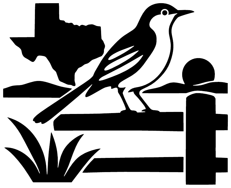 Texas mockingbird fence vinyl decal graphic: bird, Texas outline, fence posts, grass