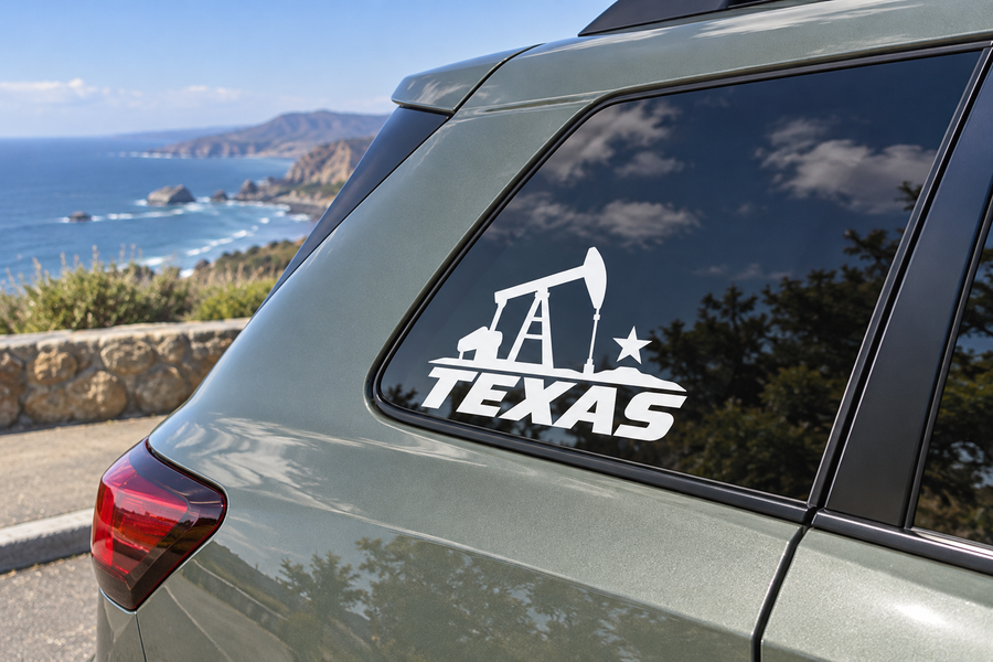 Texas pumpjack silhouette vinyl decal for car, white Texas text with star and pumpjack icon