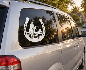 Horseshoe vinyl decal with cowboy and horse silhouette