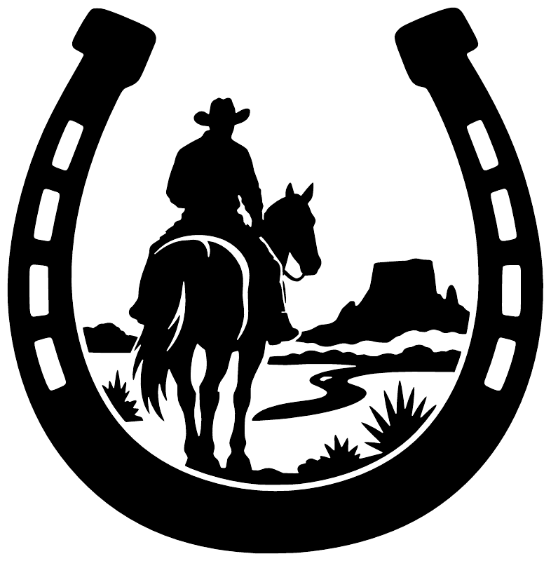 Black horseshoe vinyl decal with cowboy riding and horse in field