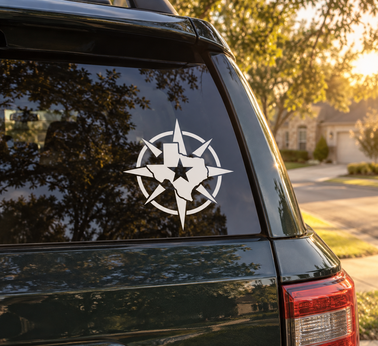 Texas star compass vinyl decal for car window, white and black star and Texas outline