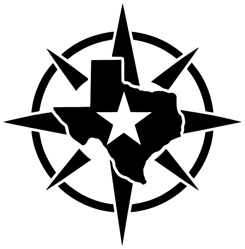 Texas star compass vinyl decal, black star and Texas silhouette with circular compass rays