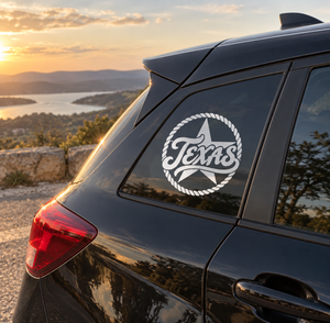 Texas vinyl decal for car window: circular seal with 'Texas' script and star in black and white