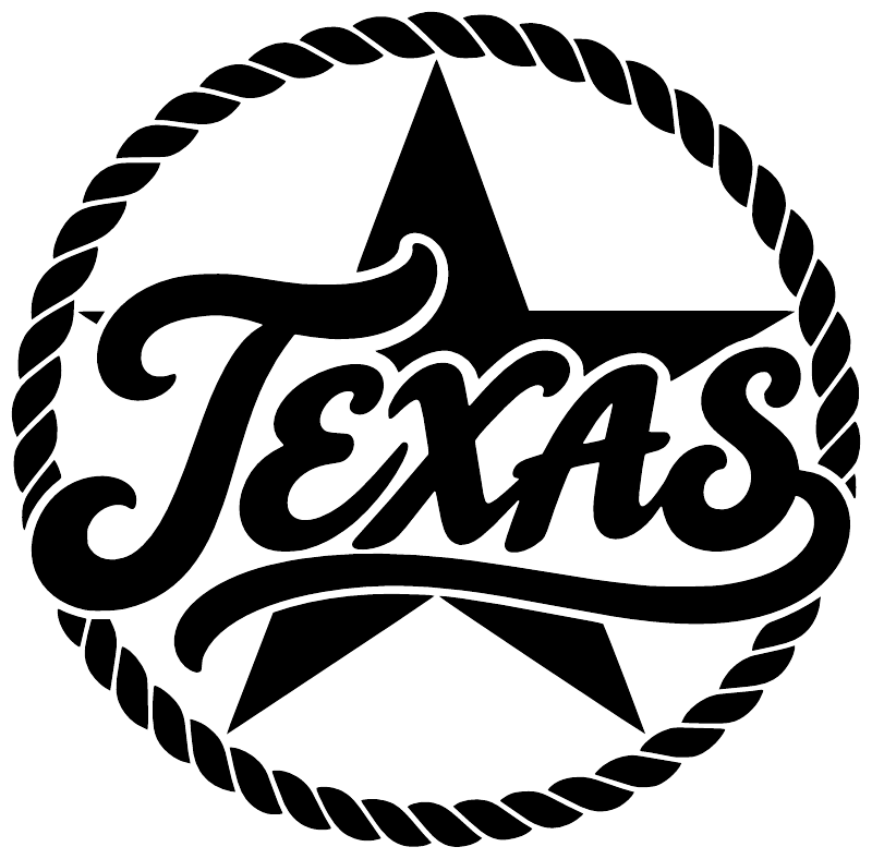 Texas lettering vinyl decal: black circular laurel with 'Texas' script and central star