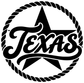 Texas lettering vinyl decal: black circular laurel with 'Texas' script and central star