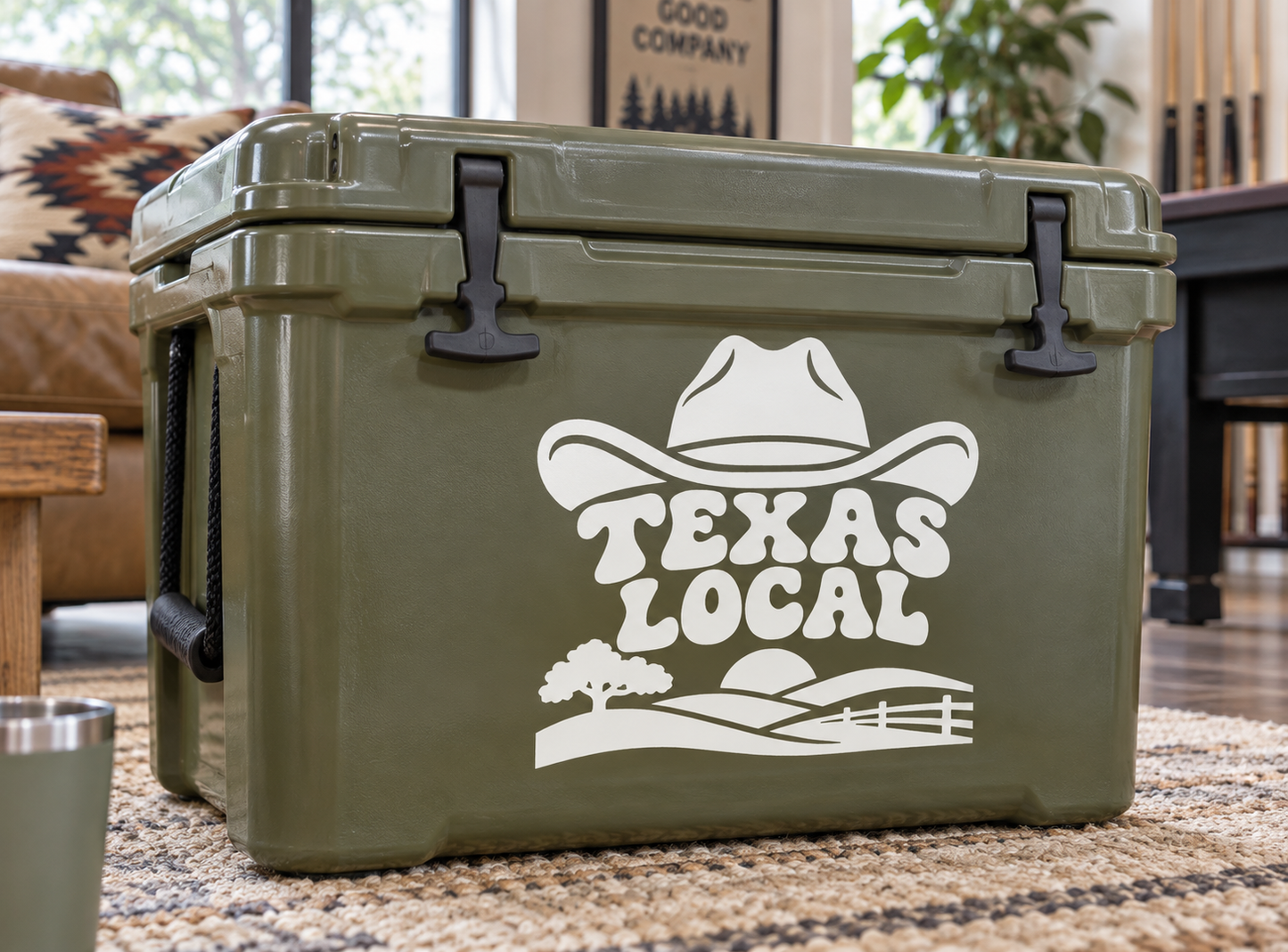 Texas local pride vinyl decal with cowboy hat and TEXAS LOCAL text in white