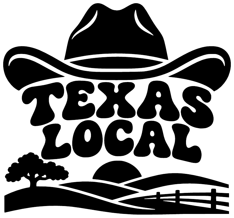 Texas local pride vinyl decal showing cowboy hat, TEXAS LOCAL lettering, black and white