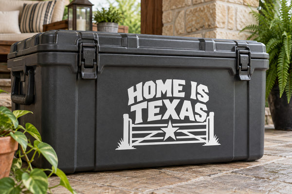 Black vinyl decal reading “HOME IS TEXAS” with Texas outline and star
