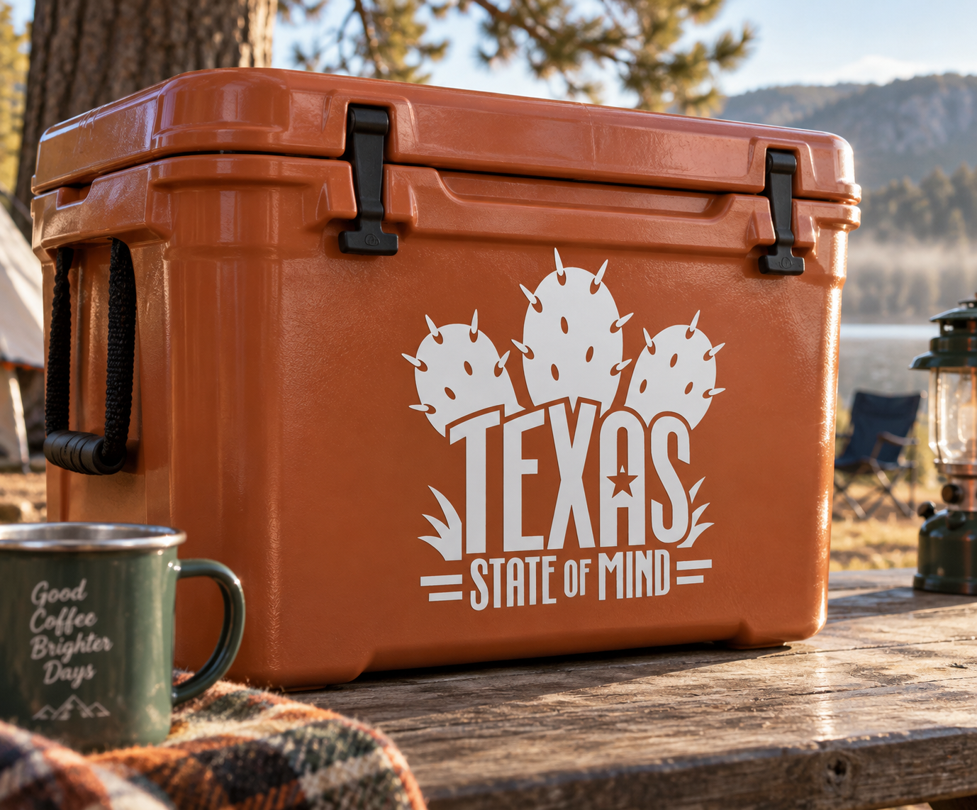 Texas state of mind vinyl decal with Texas text and cactus icons on brown cooler