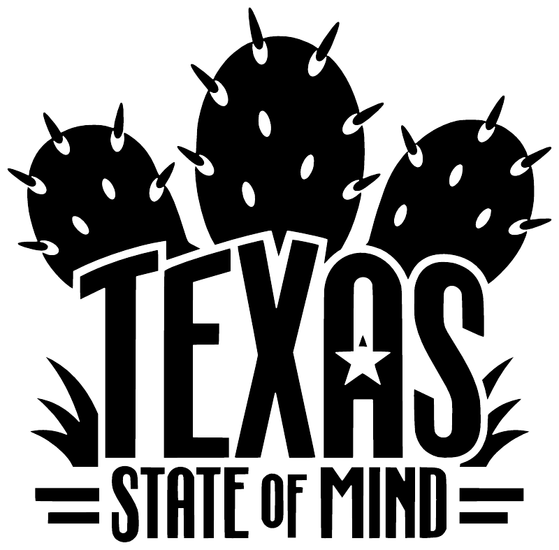 Texas state of mind vinyl decal graphic: black and white TEXAS with cacti