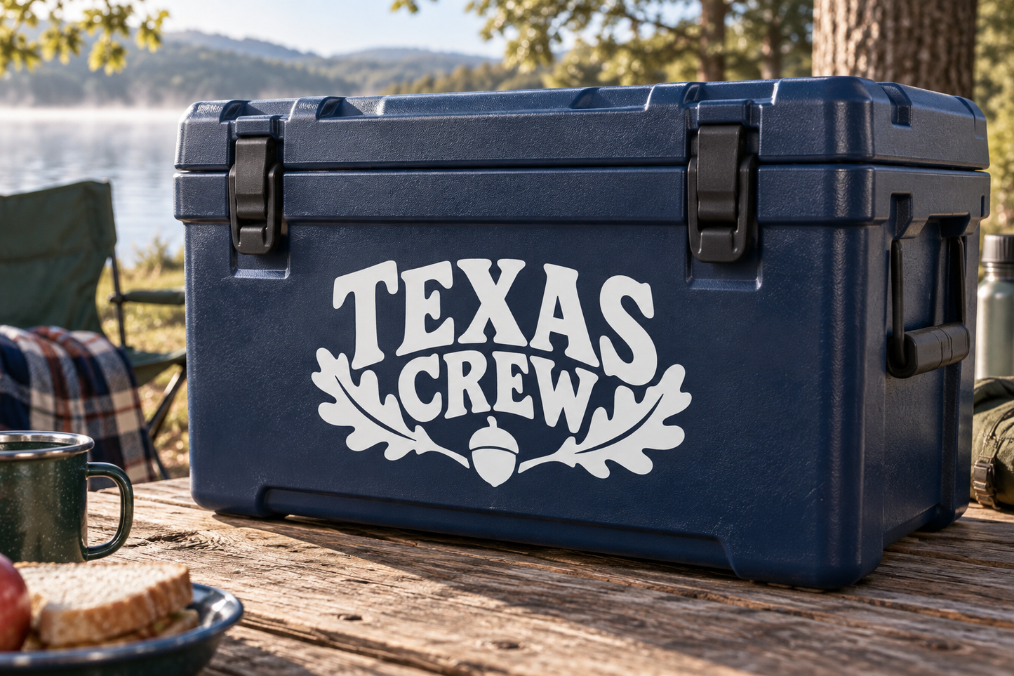 Texas Crews vinyl decal with Texas lettering and crew emblem on a dark surface