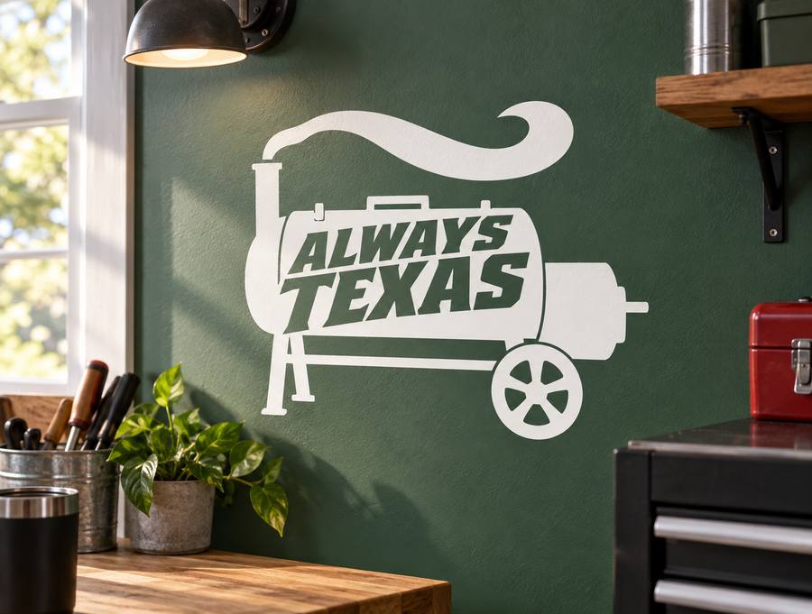 White vinyl Texas home decal with cart and bold “ALWAYS TEXAS” text