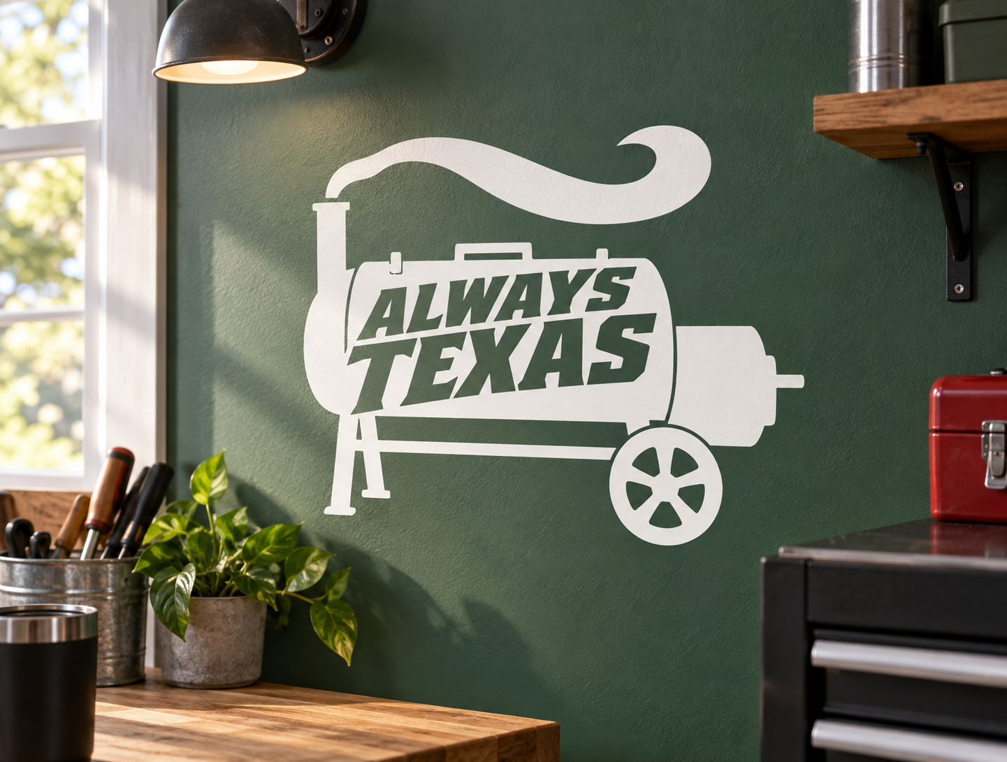 White vinyl Texas home decal with cart and bold “ALWAYS TEXAS” text