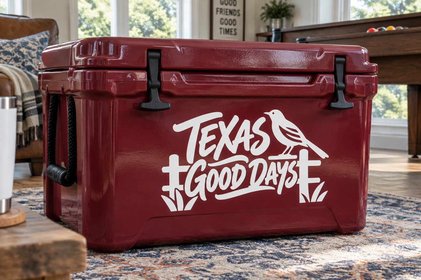 Texas Good Days vinyl decal with bird silhouette and lettering on a cooler