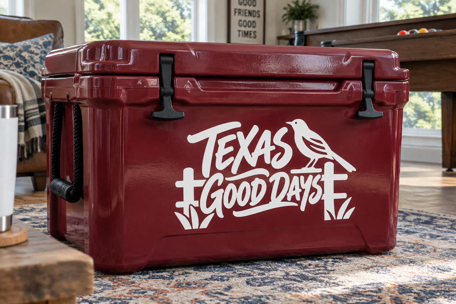 Texas Good Days vinyl decal with bird silhouette and lettering on a cooler