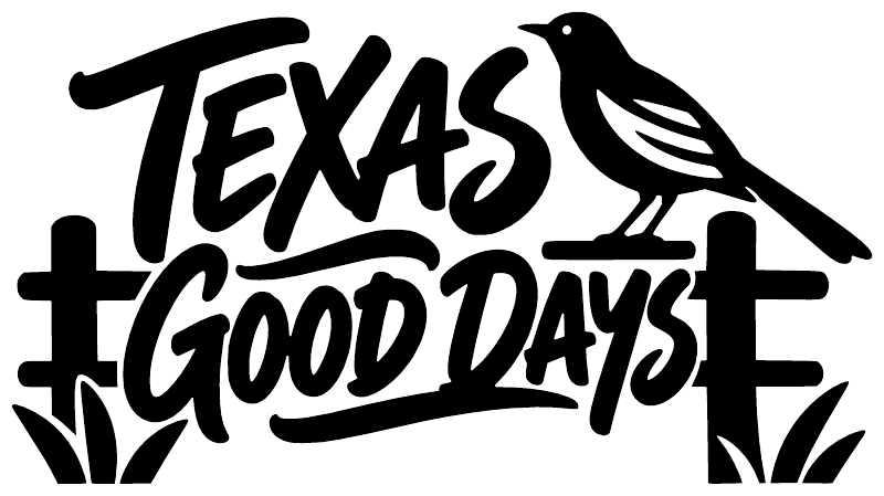 Vinyl decal reading “Texas Good Days” with bird and grass accents
