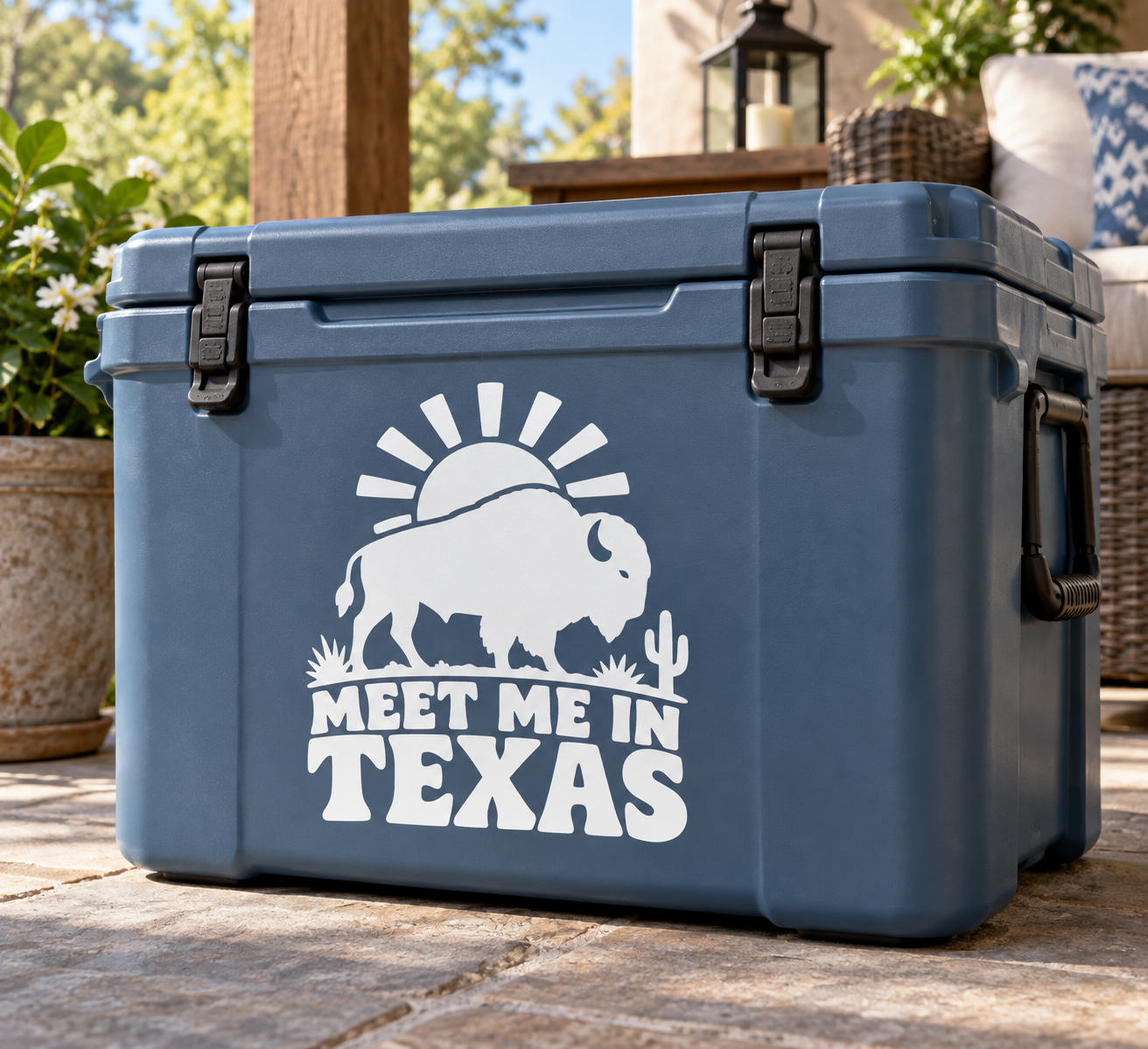 Texas Meet Me vinyl decal with buffalo, sunburst, and “MEET ME IN TEXAS” lettering