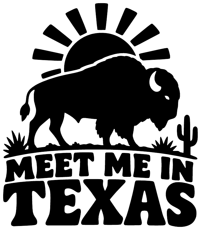 Black buffalo sunburst vinyl decal with “MEET ME IN TEXAS” lettering, bold stencil style