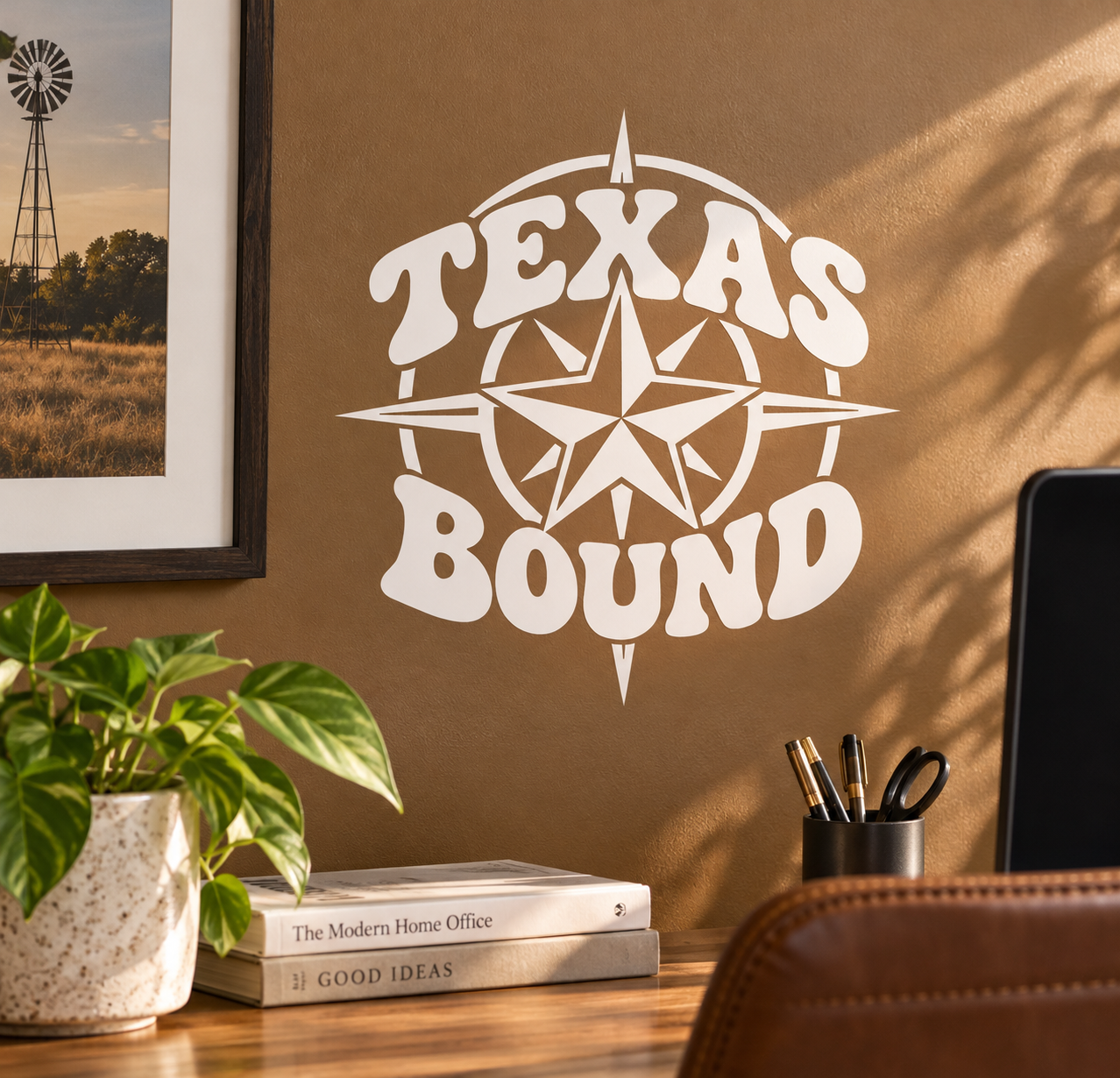 Texas Bound lettering vinyl decal, white design with star and ribbon