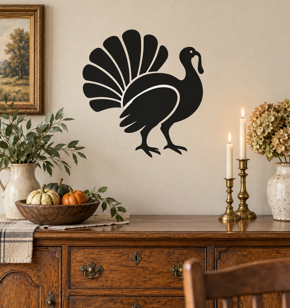 Thanksgiving turkey vinyl decal, black silhouette with white feather lines