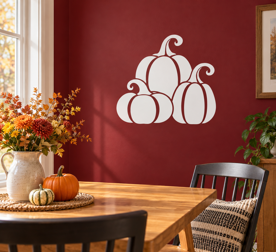 Pumpkin trio vinyl decal: three white-outlined pumpkins.