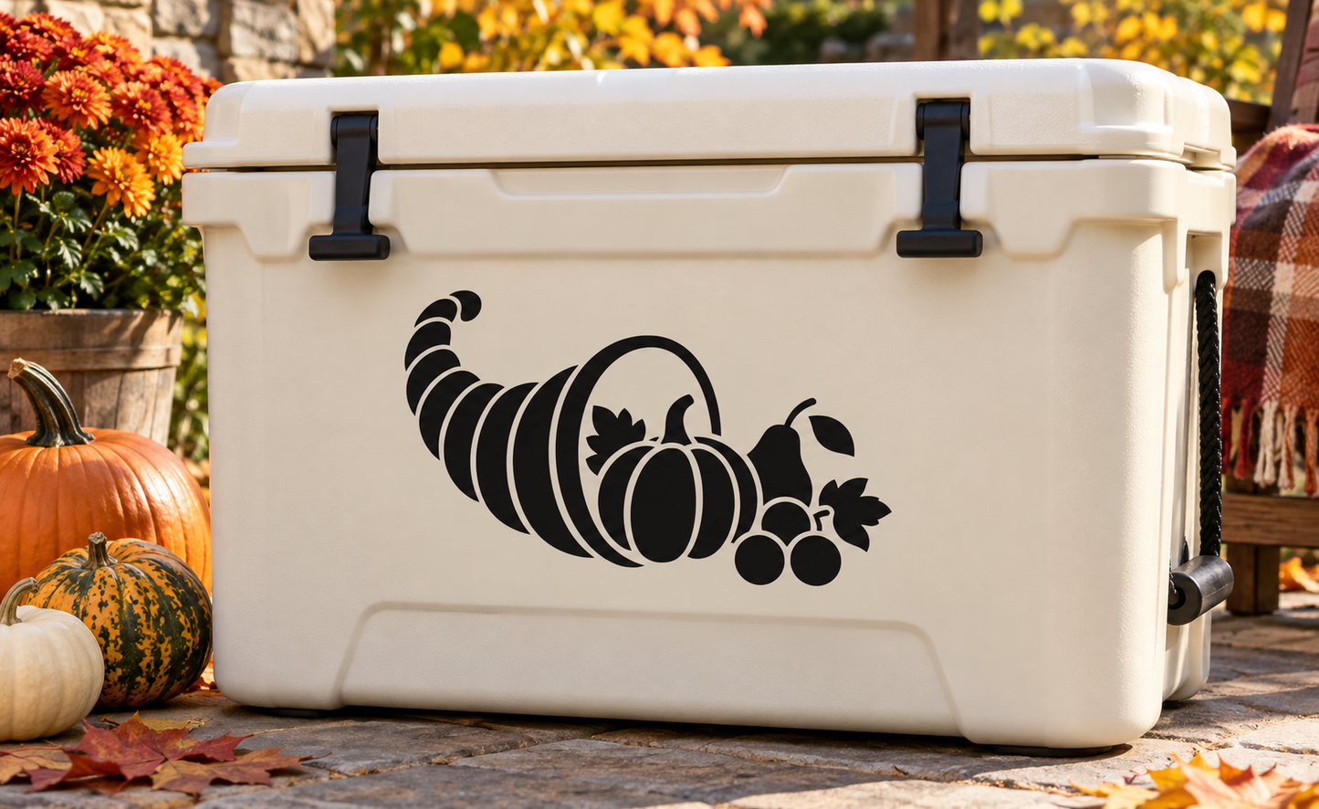 Thanksgiving cornucopia vinyl decal with striped corn, pumpkin and grapes design on cooler