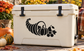 Thanksgiving cornucopia vinyl decal with striped corn, pumpkin and grapes design on cooler