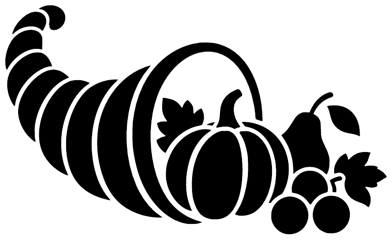 Thanksgiving cornucopia vinyl decal, black silhouette with striped corn, pumpkin and grapes