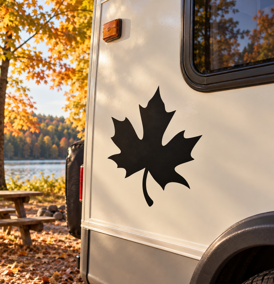 Black maple leaf vinyl decal for Thanksgiving, applied on vehicle door