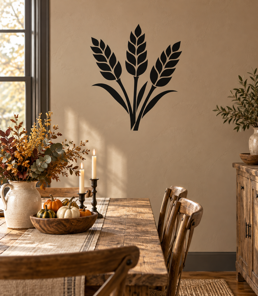 Black wheat stalk vinyl decal with three raised grain heads for Thanksgiving