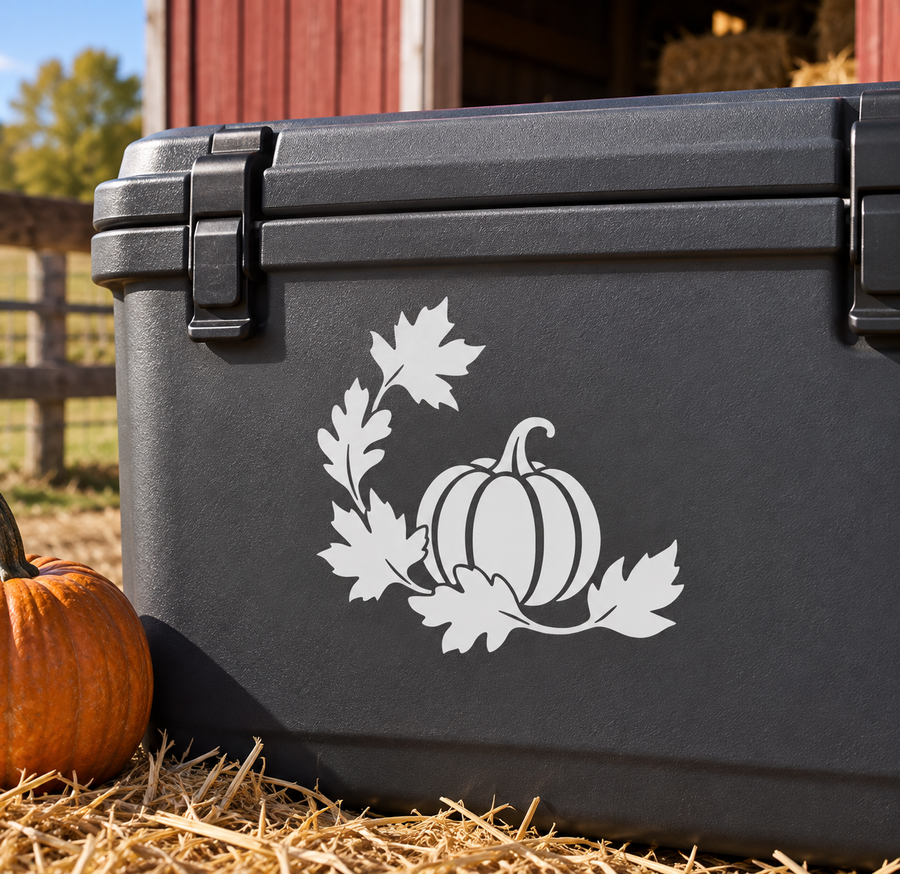 White vinyl decal of a crescent pumpkin with autumn leaves