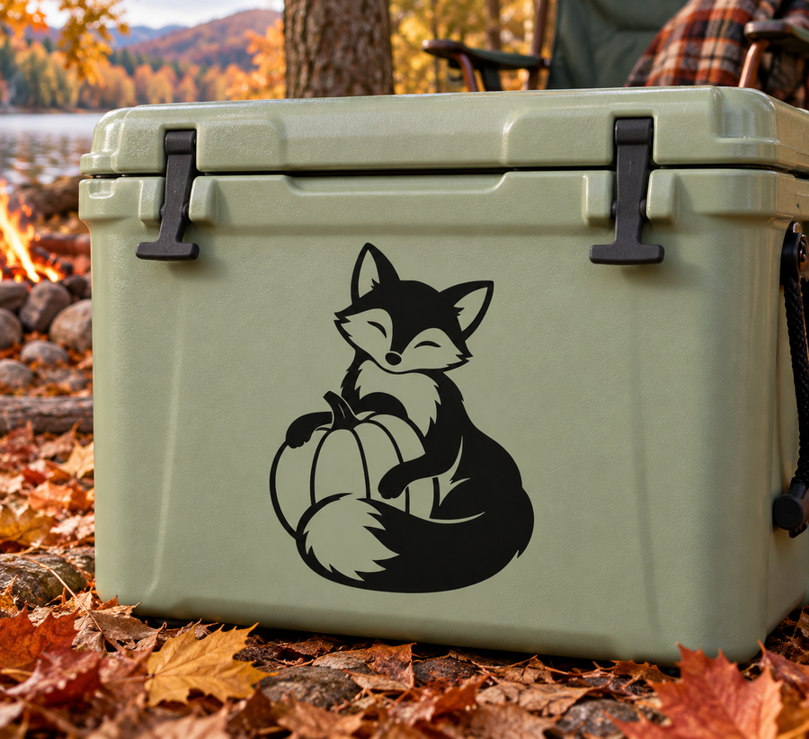 Vinyl decal of black fox holding a pumpkin on a light green cooler