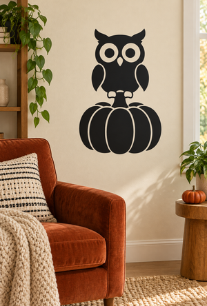 Thankful owl vinyl decal with black-and-white owl and stacked pumpkins