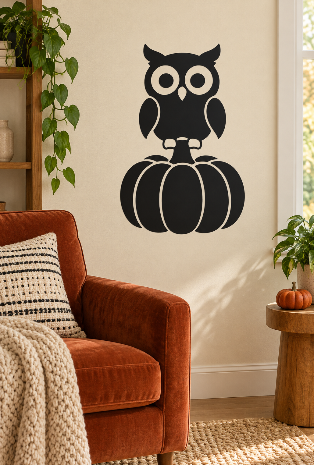 Thankful owl vinyl decal with black-and-white owl and stacked pumpkins