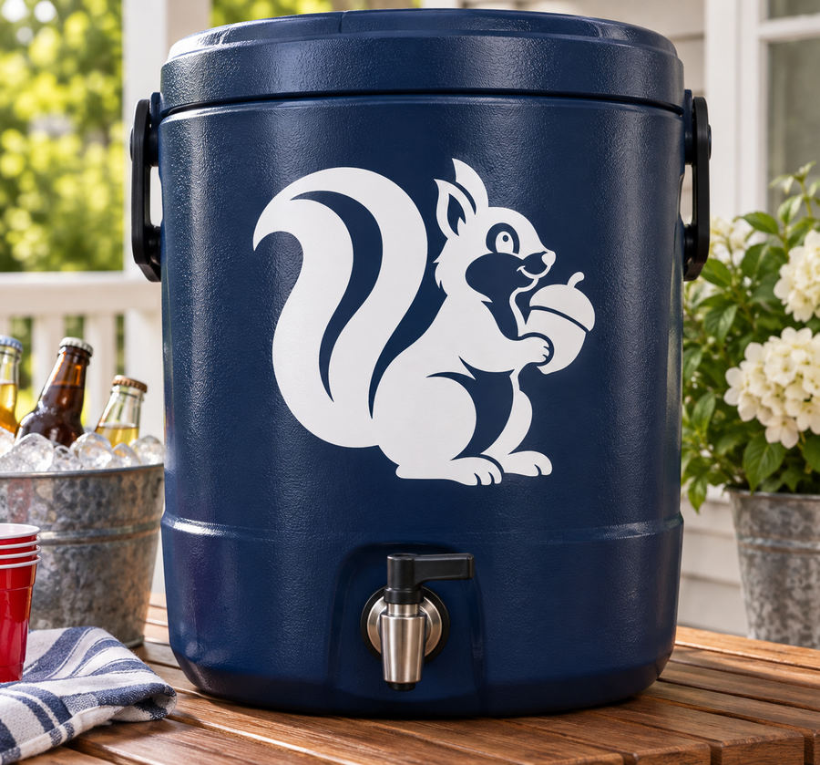 White squirrel vinyl decal on dark blue surface with question-mark swirl